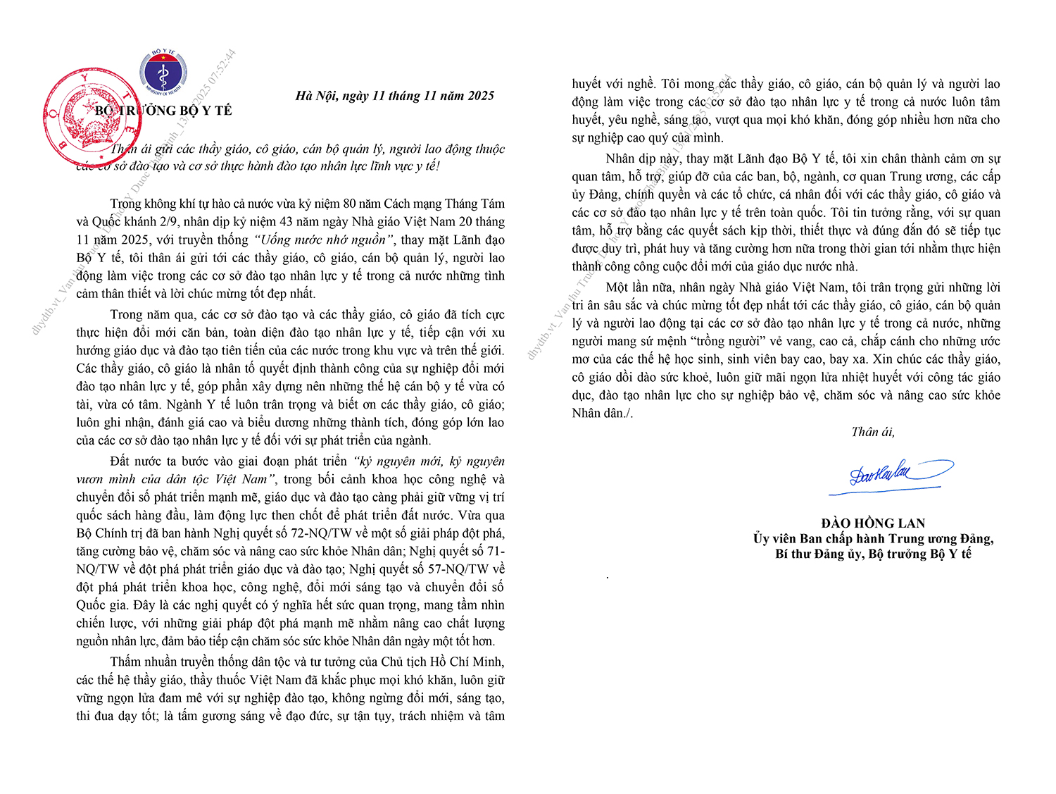 Thư của Bộ trưởng Bộ Y tế gửi các thầy giáo, cô giáo, cán bộ quản lý, người lao động thuộc các cơ sở đào tạo và cơ sở thực hành đào tạo nhân lực lĩnh vực y tế
